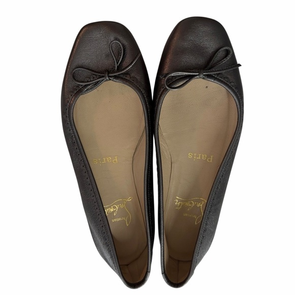 Christian Louboutin Ballerina Flats Black Leather Red Sole Bow Square Toe 34.5 - Picture 3 of 9